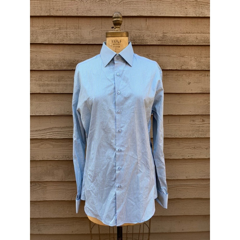 Thomas Pink Slim Fit Dress Shirt Blue Green Striped 15.5 39cm French Cuff Cotton